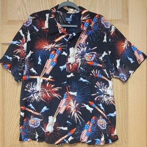 Fun Patriotic Kitty Mens Size XL Button Up Shirt Novelty Cat & Fireworks USA